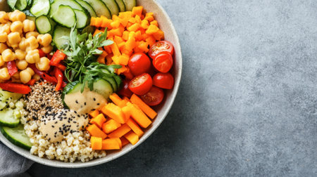 A stylish and modern presentation of a vegan Buddha bowl with a variety of fresh vegetables, grains, and a tahini dressing.の素材