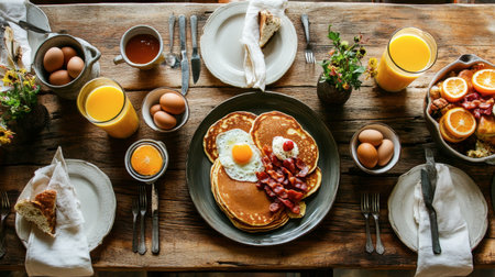 A rustic wooden table set with a hearty breakfast spread including pancakes, bacon, eggs, and fresh orange juice.の素材