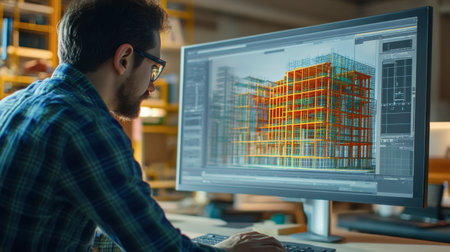A structural engineer using a 3D modeling software to design and analyze a building structure.の素材