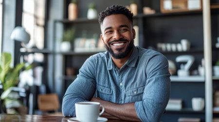 A smiling businessperson sitting at a desk with a cup of coffee, ready to tackle the tasks.の素材