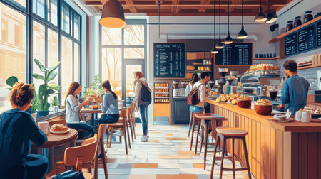 A picturesque scene with an array of freshly brewed coffee, pastries, and customers enjoying their time.の素材