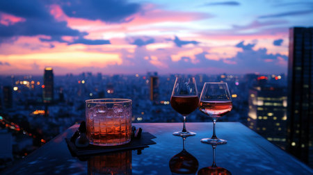 A stylish rooftop bar scene with glasses of wine and cocktails, overlooking a stunning cityscape at dusk.の素材