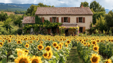 A rustic French farmhouse surrounded by vineyards and sunflowers in Provence.の素材