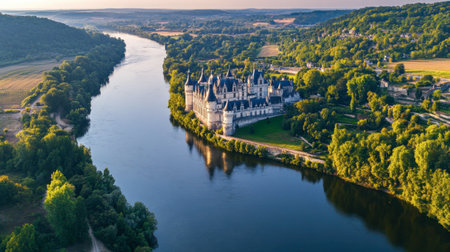 A wide-angle view of the Loire River as it flows through the scenic valley, with chteaux on the banks.の素材