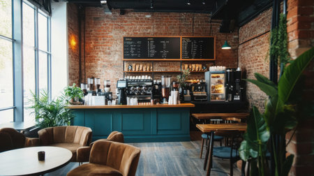 A stylish coffee shop interior with modern seating, exposed brick walls, and a counter full of delicious coffee options.の素材