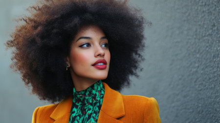 A woman with a natural afro walking confidently in a stylish outfit, her hair perfectly framing her face.の素材