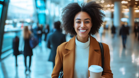 A smiling businessperson confidently walking through a busy corporate lobby with a cup of coffee.の素材