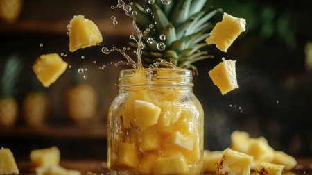 An artistic arrangement of fresh pineapple pieces cascading into a clear glass jar, with splashes of juice frozen mid-air.の素材