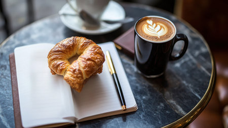 A creative coffee-themed flat lay with a cup of coffee, a pastry, a notebook, and a stylish pen arranged artfully.の素材