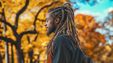 A man with beautiful, long braids walking through a park, his hair adding to his unique and striking appearance.の素材