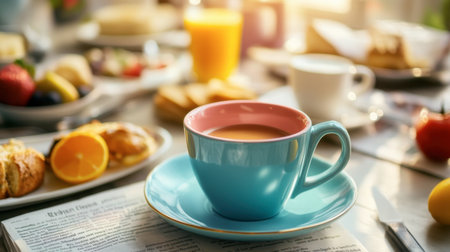 A colorful coffee cup set on a table, surrounded by a selection of breakfast items and a morning newspaper.の素材