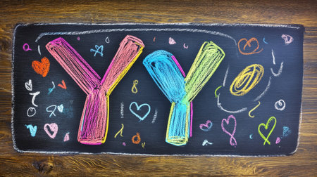 A creative chalkboard sign with the letter "Y" highlighted in colorful doodles, perfect for a trendy.の素材