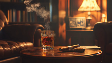 A cozy lounge setting with a glass of whiskey and a cigar, evoking a sophisticated and relaxed atmosphere.の素材