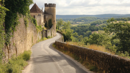 A scenic drive through the Dordogne region, with winding roads and stunning views of castles.の素材