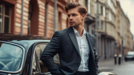 A man with a classic, well-groomed hairstyle standing by a luxury car, his hair adding to his sophisticated look.の素材