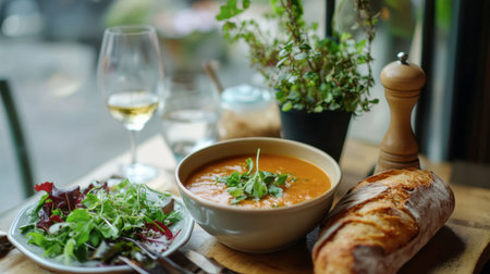 A cozy table setting with a bowl of hot soup, a crusty baguette, and a side of mixed greens in a charming.の素材