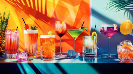 A trendy cocktail bar scene with a selection of colorful drinks and stylish barware.の素材