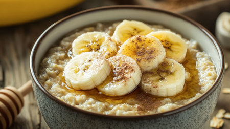 A cozy breakfast scene with a warm bowl of oatmeal topped with sliced bananas, honey, and a sprinkle of cinnamon.の素材