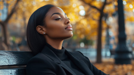 A woman with sleek, straight hair sitting on a park bench, enjoying a peaceful moment.の素材
