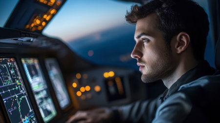 An aerospace engineer analyzing flight data and performance metrics in an office setting.の素材