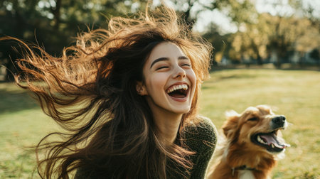 A woman with long, silky hair playing with her dog in a park, her hair flowing as she laughs.の素材