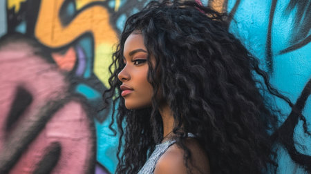 A woman with long, curly hair standing in front of a graffiti wall, her hair adding texture to the artistic scene.の素材