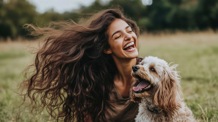 A woman with long, silky hair playing with her dog in a park, her hair flowing as she laughs.の素材