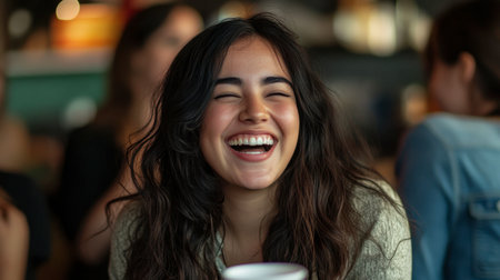 A woman with thick, shiny hair flowing over her shoulders as she sits at a caf, laughing with friends.の素材