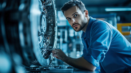 An aerospace engineer in a lab setting, analyzing aerodynamics and propulsion systems.の素材