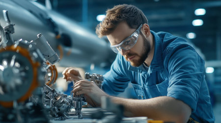 An aerospace engineer in a workshop, assembling parts of an aircraft or spacecraft.の素材