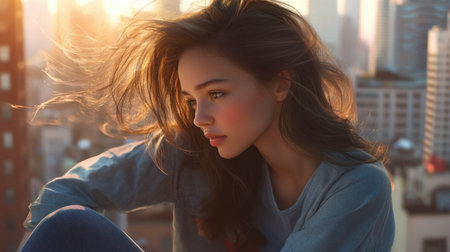 A woman with soft, wavy hair sitting on a rooftop terrace, enjoying the city view as her hair moves gently in the wind.の素材