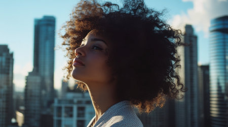A woman with voluminous curly hair standing in front of a city skyline, her curls bouncing in the wind.の素材