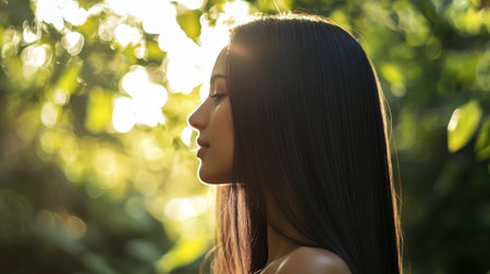 A woman with sleek, straight hair standing in a forest, her hair reflecting the soft natural light.の素材