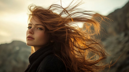A woman with thick, luscious hair posing in front of a mountain backdrop, her hair blowing gently in the wind.の素材