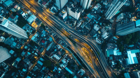 Aerial view of Bangkok's bustling cityscape, with skyscrapers, highways, and dense neighborhoods.の素材