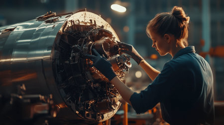 An aerospace engineer in a workshop, assembling parts of an aircraft or spacecraft.の素材