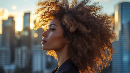 A woman with voluminous curly hair standing in front of a city skyline, her curls bouncing in the wind.の素材