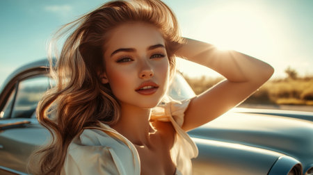 osing in front of a vintage car in an open road setting. A woman with perfectly styled, smooth hair pの素材