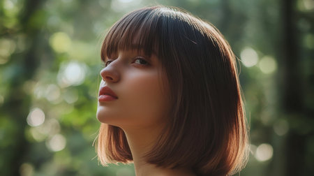 A woman with sleek, straight hair standing in a forest, her hair reflecting the soft natural light.の素材