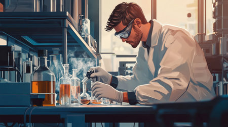 An engineer testing equipment in a lab, with various scientific instruments and safety gear visible.の素材