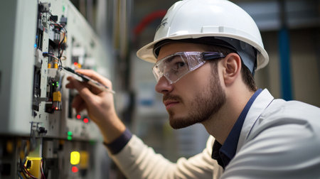 An electrical engineer troubleshooting circuits and electrical systems in a utility facility.の素材