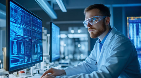 An engineer in a laboratory setting analyzing data and results from experiments.の素材