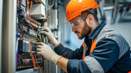 An electrical engineer troubleshooting and repairing electrical faults in an industrial setting.の素材