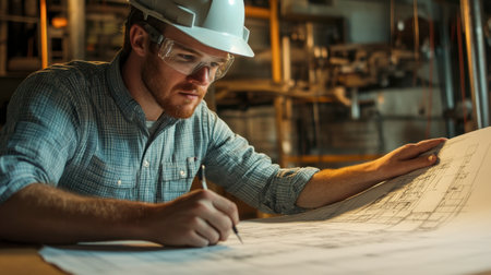 An engineer analyzing engineering drawings and making adjustments to project specifications.の素材