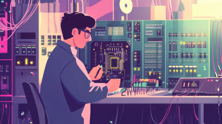 An electrical engineer working on circuit boards and electrical systems in a tech lab.の素材