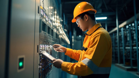 An engineer testing high-voltage electrical systems in a secure facility.の素材
