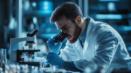 An engineer using a microscope to examine and test materials in a research lab.の素材