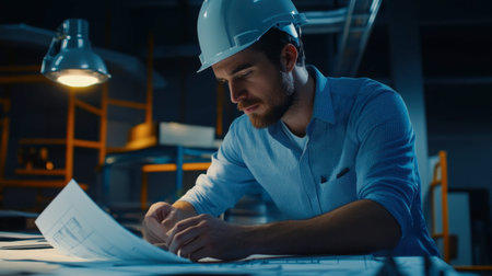 An engineer analyzing engineering drawings and making adjustments to project specifications.の素材
