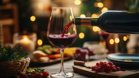 An elegant wine bottle being uncorked, with a glass of red wine waiting to be poured, in a cozy dining setting.の素材