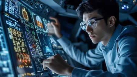 An aerospace engineer reviewing flight simulation data and optimizing aircraft performance.の素材